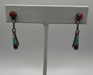 Sterling Silver 5.2mm Native American Coral And Turquoise Dangle Earrings 3.0g - Picture 1 of 7