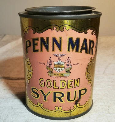 ANTIQUE PENN MAR GOLDEN SYRUP 1 lb 6 oz SIZE CIRCULAR TIN J. STROMEYER CO. PHILA - Image 1 of 4