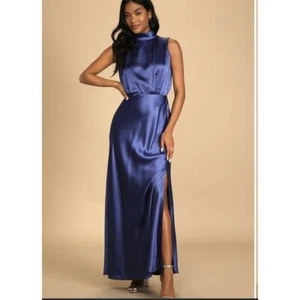 NEW Lulus Classic Elegance Blue Satin Sleeveless Mock Neck Maxi Dress - Picture 1 of 8