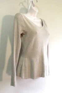 White House Black Market Womens S Fitted Skater Sweater Beige Gold Peplum V Neck - Picture 1 of 6