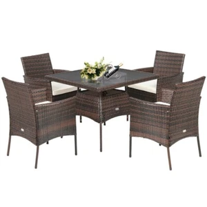 5-Piece Patio Dining Set Outdoor Wicker Furniture Set Cushion Chairs Glass Table - Picture 1 of 16