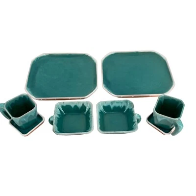 Vintage Turquoise Ceramic Dinnerware Set  6 Pieces  Square Plates & Mugs - Image 1 of 4