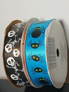 Halloween Ribbon Satin Blue Black Spider And Black Skeleton Ribbon Spool Lot X2 - Picture 1 of 15