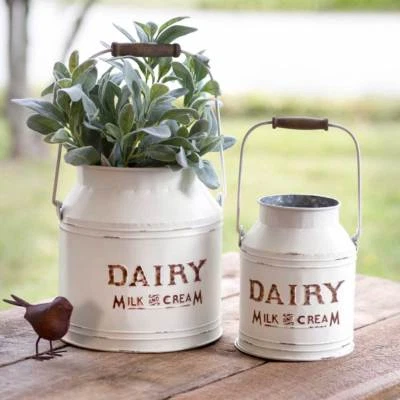 Country Large Dairy Pails in distressed white metal -2 - Image 1 of 3