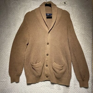 J Crew Knit Sweater Women L Cardigan Shawl Collar Pocket 100% Cotton Tan Cozy - Picture 1 of 8