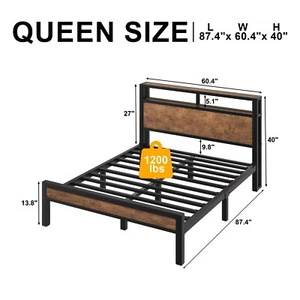 Bed Frame Full/Queen/King with Charging Station and 2-Tier Storage Headboard - Picture 1 of 13