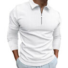Men Striped Long Sleeve Sport Tee Shirts Polo Zip Up Neck Casual Tops Blouse