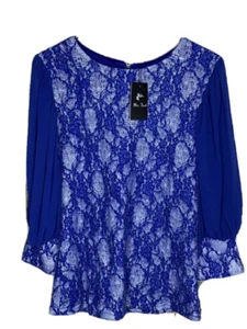 New Miss Finch Womens Blouse Size Medium Blue Lace Overlay Zip Back BNWT - Picture 1 of 5