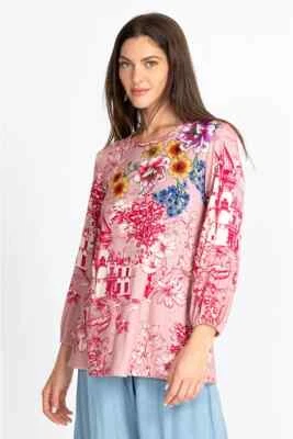 Blusa Camisa Pequeña Johnny Was Bamboo House On The Hill Manga Abullonada Rosa NUEVA Foto 1 de 4