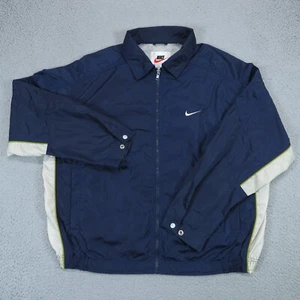 VINTAGE Nike Jacket Mens XL Navy Zip Up Windbreaker White Swoosh Embroidered 90s - Picture 1 of 14