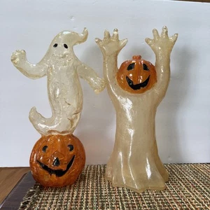 Vintage Celluloid Ghost Light Up Lot Of 2 Pumpkin Head Halloween Decor Rare Find - Picture 1 of 5