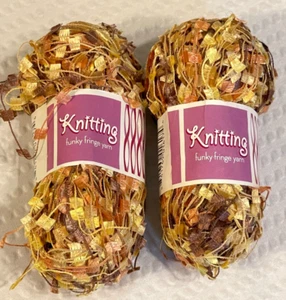 Knitting Funky Fringe Yarn Lot Of 2 Golds Peach Brown  Skeins #1617 90 yrds each - Picture 1 of 4