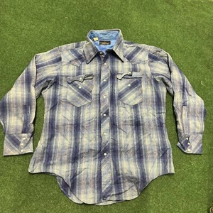 Vintage Champion Flannel Shirt Mens 17-34 Blue 1980s Plaid Distressed - Picture 1 of 11