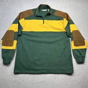 Orvis Rugby Shirt Large Green Yellow Jersey Faux Suede Patch 1/4 Zip Heavy - Picture 1 of 11