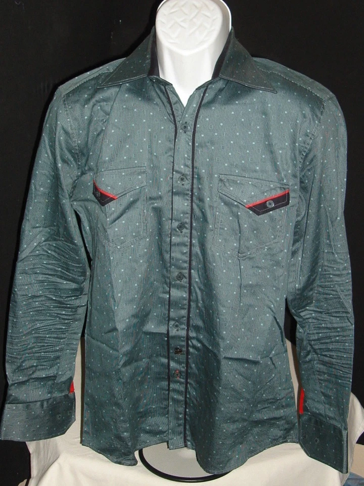 Mondo 男式意大利时尚绿色修身连衣裙 L/S 衬衫圆点尺寸 M  — 第 1/4 张图片