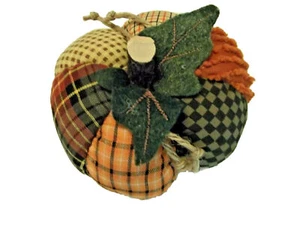 Folk Plush Art Stuffed Handmade Pumpkin 6 Different Cloth Panels Leaves & Stem - Picture 1 of 9