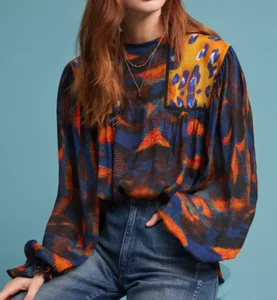 Bl-nk London Anthropologie Top Small Eclectic Leopard Peasant Blouse Boho Artsy - Picture 1 of 12