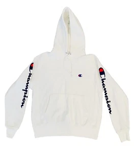 Neu Champion Reverse Weave weißer Hoodie Herren Medium Flock Arm Schrift Sweatshirt - Bild 1 von 9
