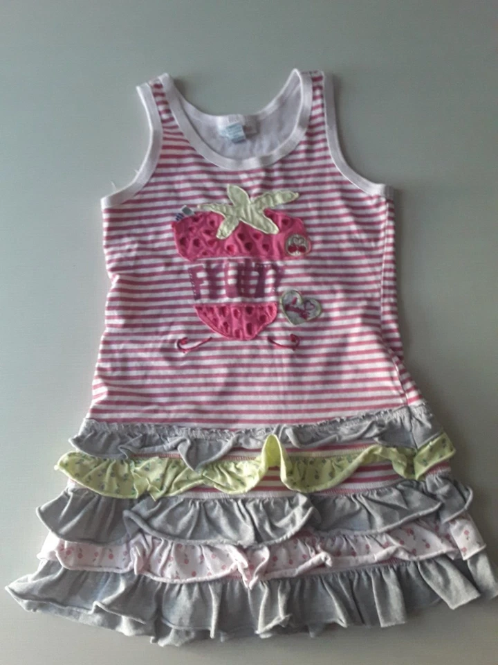 Vestido regata listrado rosa algodão Naartjie infantil meninas tamanho 5 aplique morango - Imagem 1 de 4