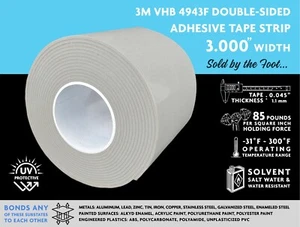3M VHB 4943F DOUBLE SIDED ADHESIVE TAPE, 3.00” WIDE, SOLD BY THE FOOT - Picture 1 of 1