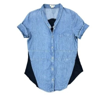 Helmut Lang Denim Chambray Contrast High Low Button Up Blouse - Image 1 of 4
