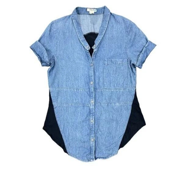 Helmut Lang Denim Chambray Contrast High Low Button Up Blouse - Image 1 of 4