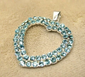 Tarnish Free Polished Simple Sterling Silver Blue Rhinestone Heart Pendant 925 - Picture 1 of 6