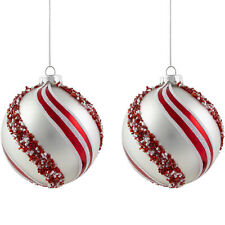 Northlight Set of 2 Silver with Red Glitter and Beads Striped Glass Christmas