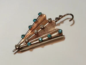 Gold Plated Sterling Silver Umbrella Brooch Pin w/ Clear & Turquoise Rhinestones - Picture 1 of 7