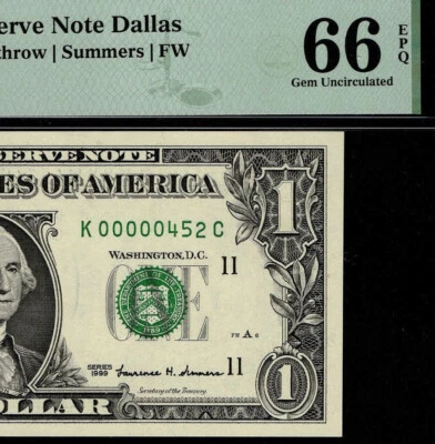 1999 $1 Federal Reserve Note Low 3 digit Serial Number Dallas K00000452C PMG 66 - Image 1 of 4