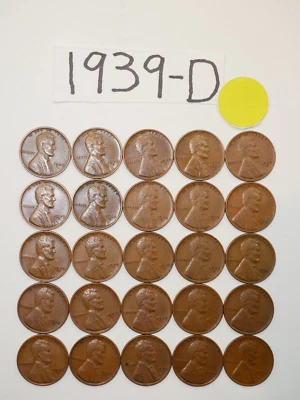Rollo de centavos 1939-D fecha sólida = 25 centavos de trigo Lincoln (8+ artículos se envían gratis) Foto 1 de 2