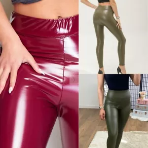 Womens High Waist Pu Wet Look Skinny Trousers Faux Stretchy Pvc Leather Leggings - Picture 1 of 7