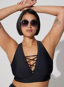 Torrid Wireless Grommet Lace Up Bikini Top Lined UPF Plus Size 3 3X Black NEW - Picture 1 of 13