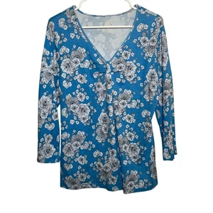 Covington Blouse Women's Large Blue V-Neck 3/4 Sleeve T-Shirt Top Printed Casual - Picture 1 of 8