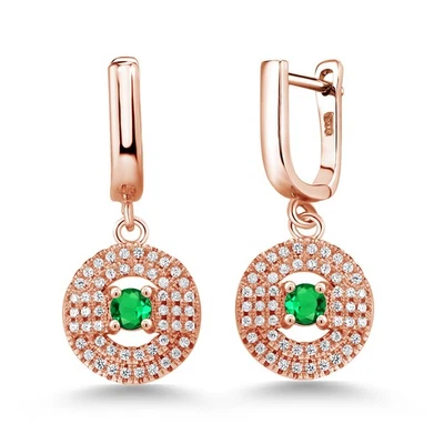 3.48 Ct Round Green Simulated Emerald 18K Rose Gold Plated Silver Earrings - Image 1 of 4