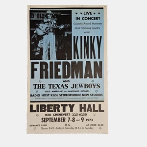 Póster de concierto Kinky Friedman & The Texas Jewboys 14x22 Flat Liberty Hall 1973 - Imagen 1 de 5
