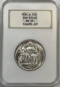 1936 D MS 65 San Diego Silver Half Dollar - NGC Fatty Holder Gold Embossed PQ!!! - Picture 1 of 4