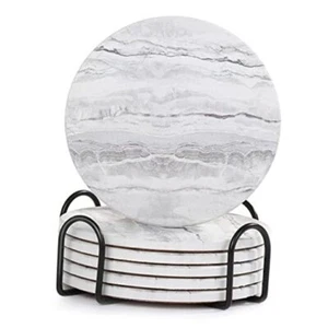 Drink Coasters with Holder for Coffee Table, Absorbent Coaster Grey Marble - Picture 1 of 8