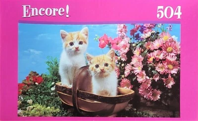 New ENCORE! 504 Piece Twin Kittens Basket Flowers Jigsaw Puzzle *READ* - Image 1 of 4