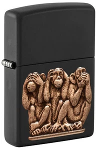 Zippo Three Monkeys Emblem Black Matte Windproof Pocket Lighter, 29409 - Picture 1 of 6