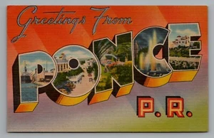 Carta grande de saludo de Ponce Puerto Rico Antillas lino postal sin publicar - Imagen 1 de 2