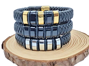 Bracelet en cuir tressé avec breloque pour homme - fermoir magnétique - Imagen 1 de 20