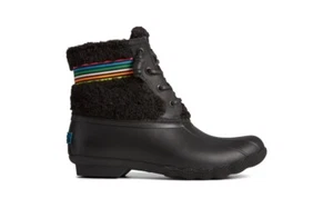 NIB Sperry Saltwater™ Rainbow Sherpa Duck Boots Sz 6.5 Black Zip - Picture 1 of 9