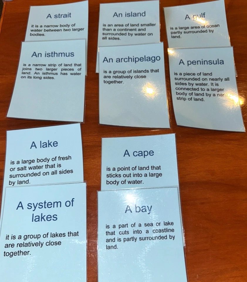 Cartões rótulos definição forma terra e água material geografia Montessori aula 10 - Imagem 1 de 1