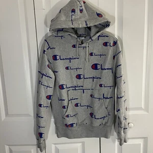 Champion Size Small Gray Reverse Weave All Over Print Hoodie Mens Pullover Logo - Picture 1 of 5