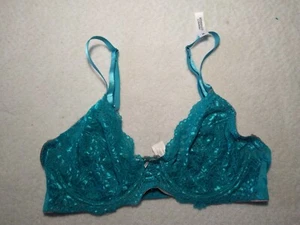 36C Bra Isaac Mizrahi Perfect Coverage Balconette Lace Trim Teal NEW 13622 - Picture 1 of 6