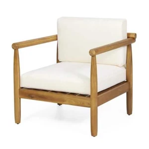Noble House Lounge Chair 28.75"x28"x26" Teak Wood Cream Cushion Water Resistant - Picture 1 of 5