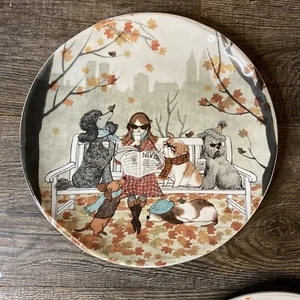 Pier 1 LAZY SUNDAY PUPS Ironstone Salad Dessert Plate Autumn NYC Park Poodle - Picture 1 of 4