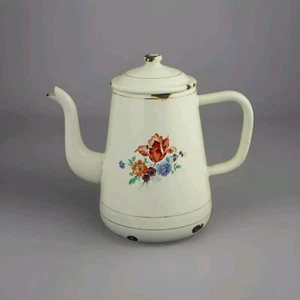 Vintage floral COFFEE POT Enamelware Roses Enamel Tea pot Cafetiere - Picture 1 of 9