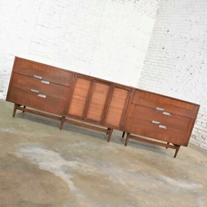 American of Martinsville Accord Walnut & Cane Dresser & Bachelor’s Chest w/ X’s  - Picture 1 of 12
